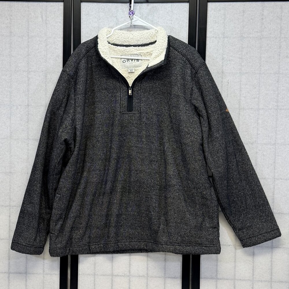 Orvis Quarter Zip Mock Neck Fleece Lined Sweater XXL Black Grey Long Sleeve